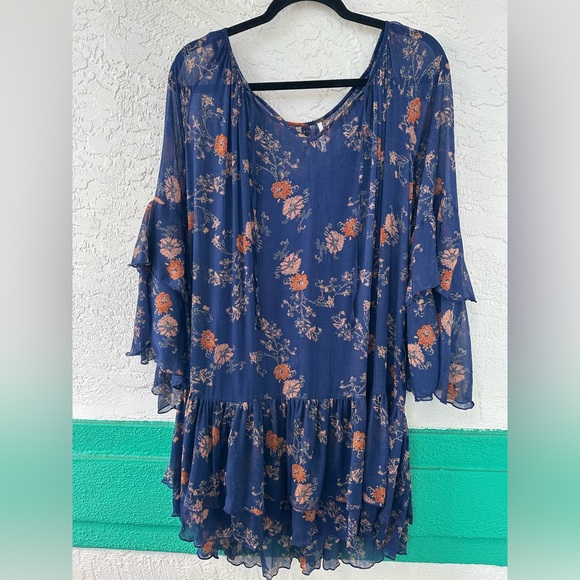 Free People Sunsetter Floral Blue Mini Dress Flowy Large - Picture 4 of 11